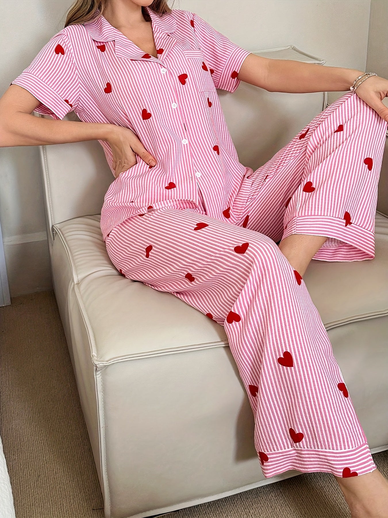 Heart-shaped Printed Pajama Set, Short-sleeved Button Shirt And Stretch Trousers, Polyester Pajama Set, Machine Washable