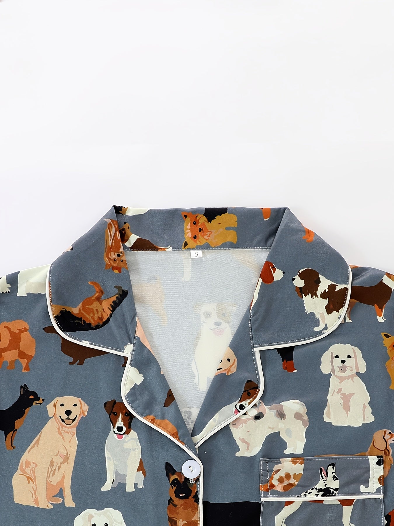 2pcs Women'S Pajama Set, Deep Grey Dog Print Short Sleeve Button- Shirt with Loose Elastic Shorts, Casual Comfortable Women'S Loungewear, Suitable for Summer, All-Year Wear