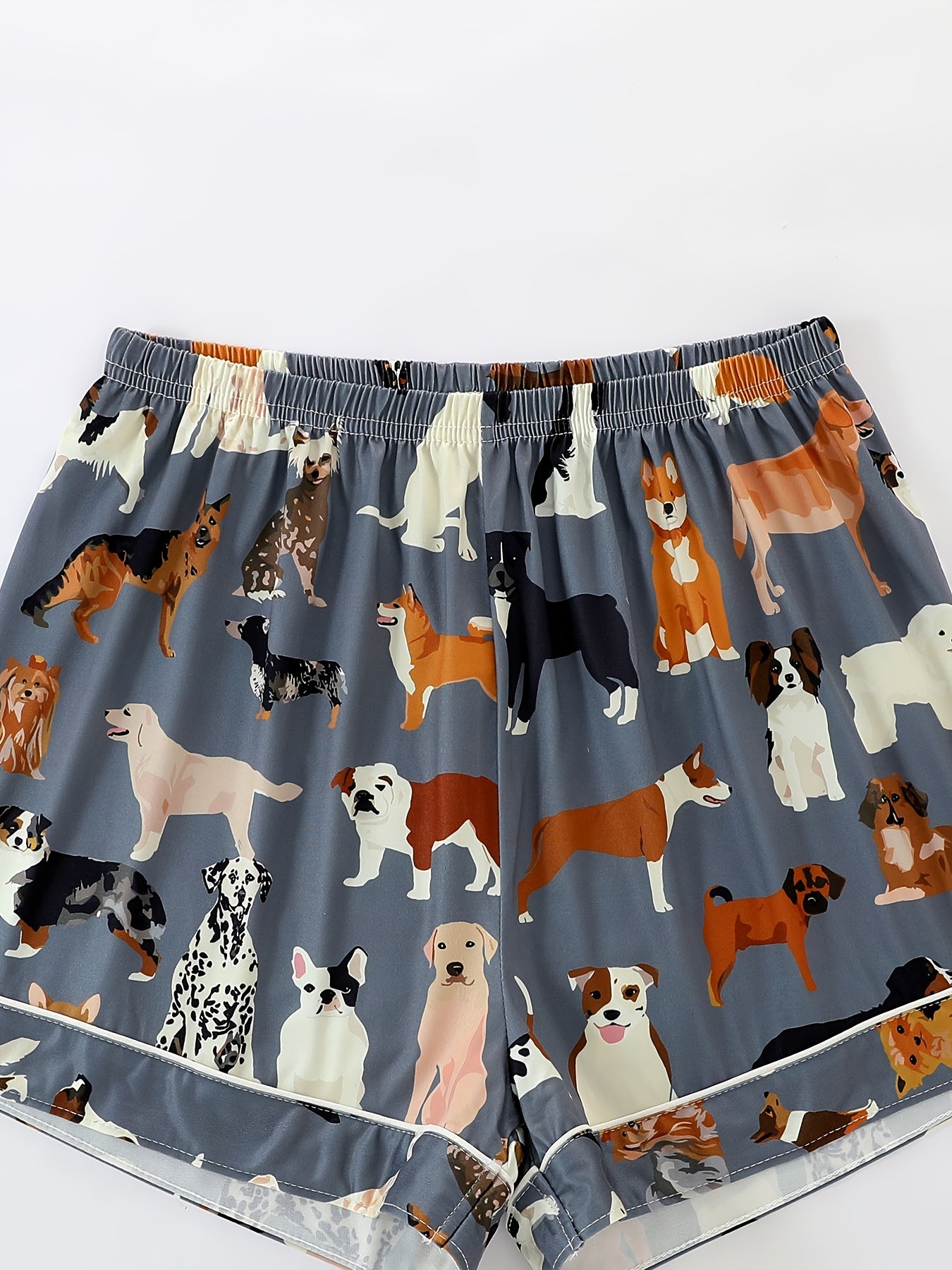 2pcs Women'S Pajama Set, Deep Grey Dog Print Short Sleeve Button- Shirt with Loose Elastic Shorts, Casual Comfortable Women'S Loungewear, Suitable for Summer, All-Year Wear