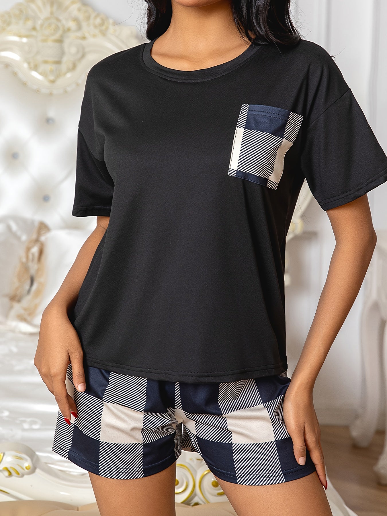 Colorblock Plaid Print Pajama Set, Casual Short Sleeve Round Neck Top & Bow Shorts, Women's Sleepwear&Loungewear
