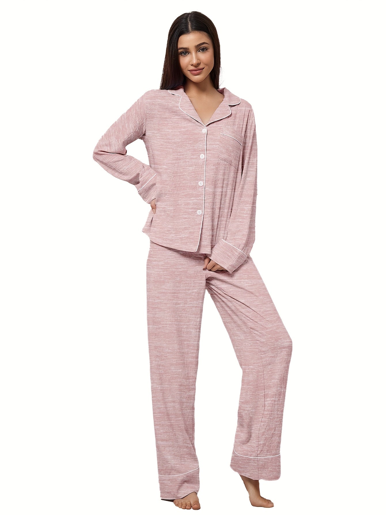 3 Sets Of 6pcs, Women's Casual Polyester Solid Color Long Sleeved Top, Long Pants Sleepwear Set, Fabric, Long Sleeved Lapel Top Paired with Loose Pants, Comfortable Home Casual Home Wear Can Be Worn Outside