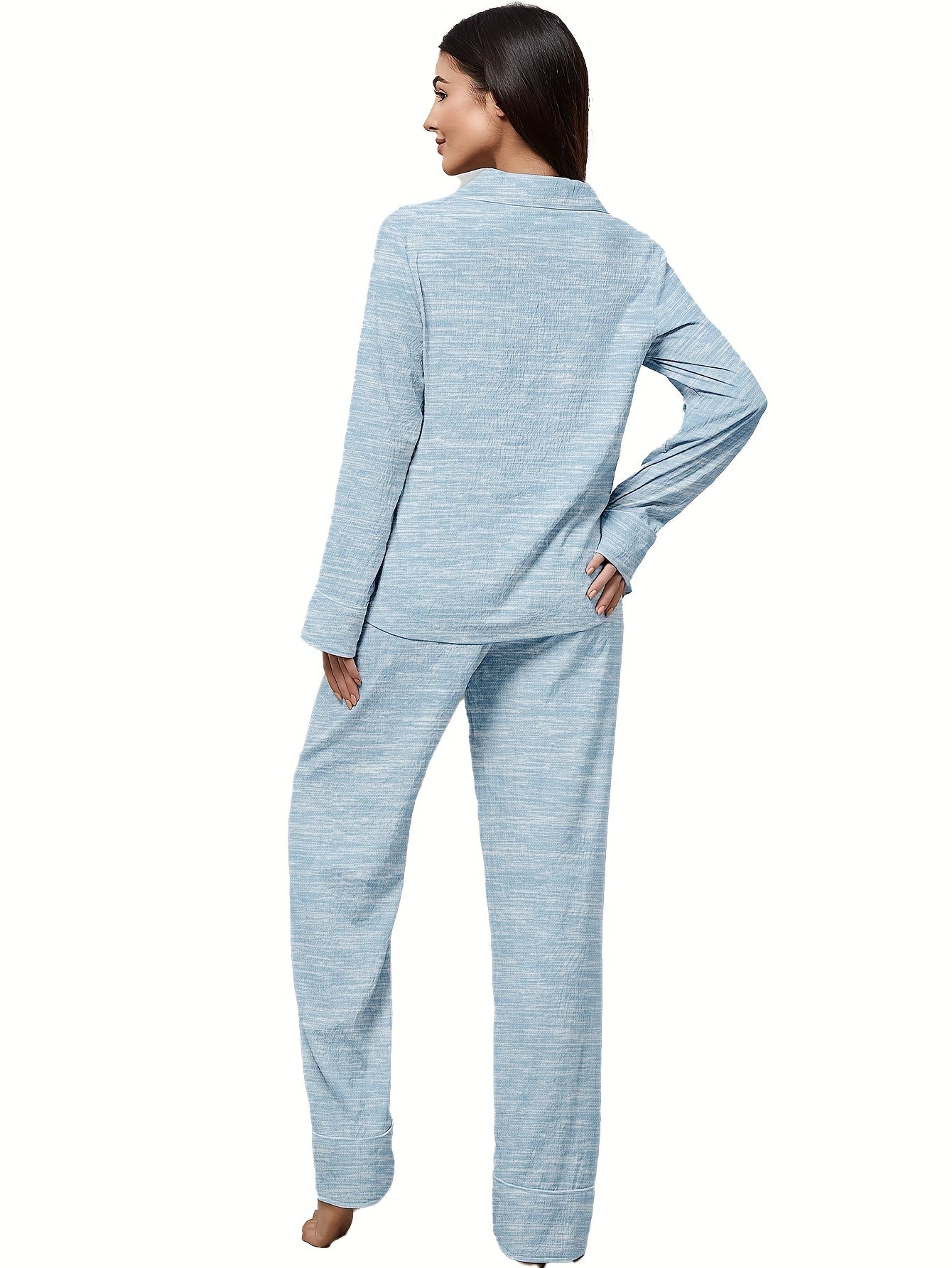 3 Sets Of 6pcs, Women's Casual Polyester Solid Color Long Sleeved Top, Long Pants Sleepwear Set, Fabric, Long Sleeved Lapel Top Paired with Loose Pants, Comfortable Home Casual Home Wear Can Be Worn Outside