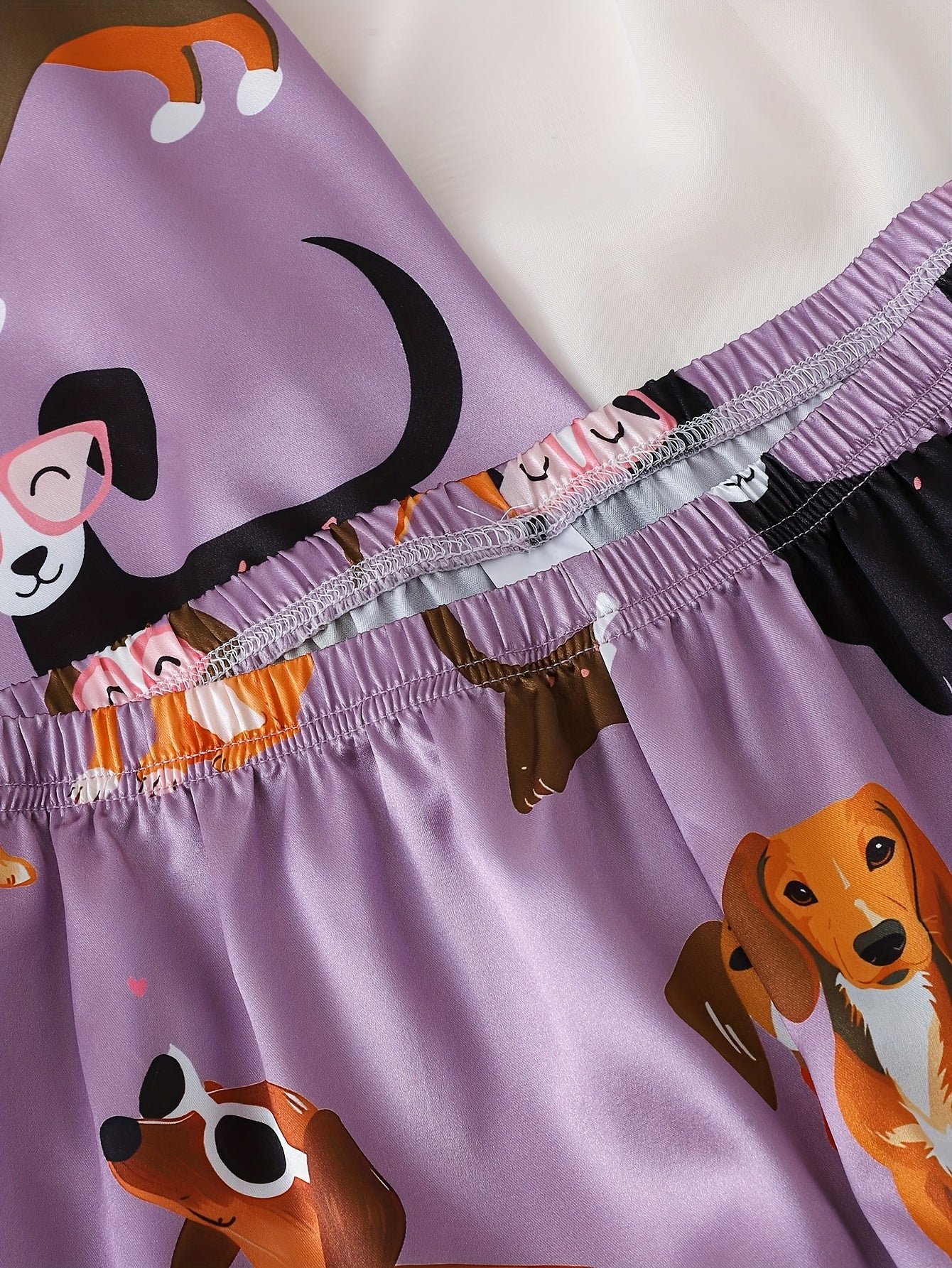 Ladies' Two-piece Satin Pajamas Set with Purple Puppy Pattern, Ladies' Two-piece Short-sleeved Stand-up Collar Top Matched with Shorts, Ladies' Pajamas for Home Wear, Two-piece Women's Set