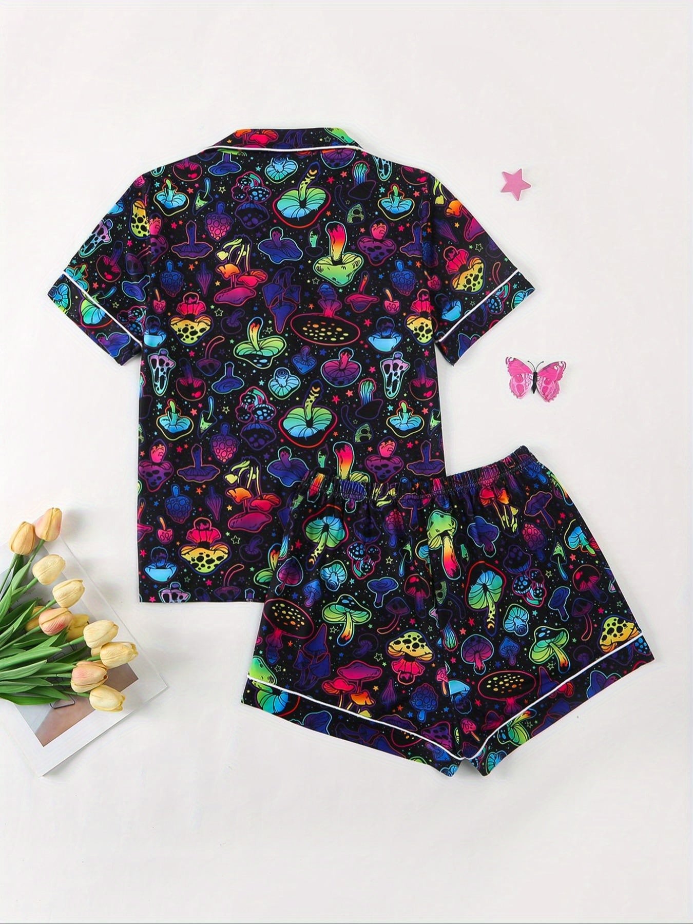 LISM Women'S Button Shirts, Women'S Neon Shirts, Hawaiian Shirts, Women'S Beach Shirts, Neon Home Wear, Casual Pajamas 2pcs Set, Short Sleeves+ Shorts, Colorful Mushroom Patterns, Halloween Pajama Party, Cute ' Pajamas Suitable for Daily Wea