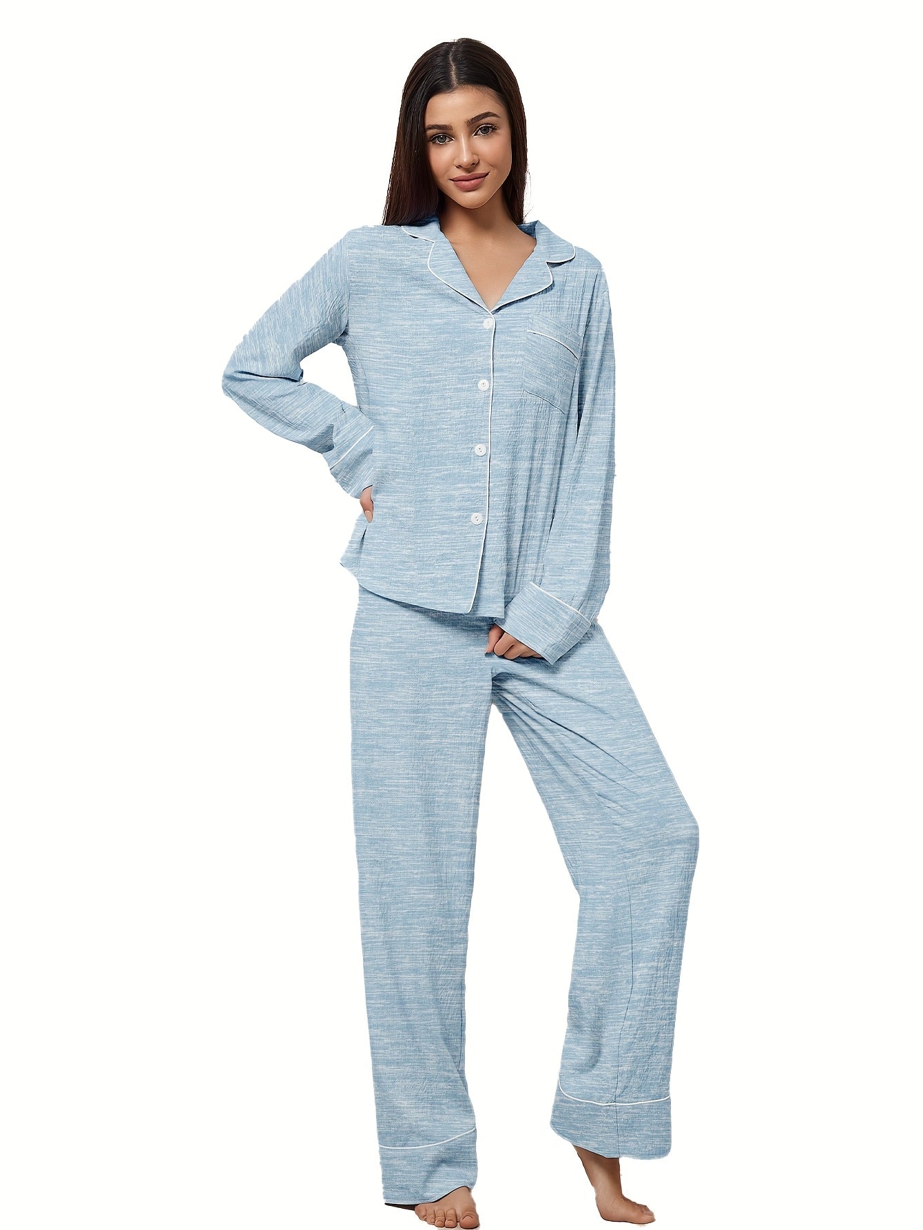 3 Sets Of 6pcs, Women's Casual Polyester Solid Color Long Sleeved Top, Long Pants Sleepwear Set, Fabric, Long Sleeved Lapel Top Paired with Loose Pants, Comfortable Home Casual Home Wear Can Be Worn Outside