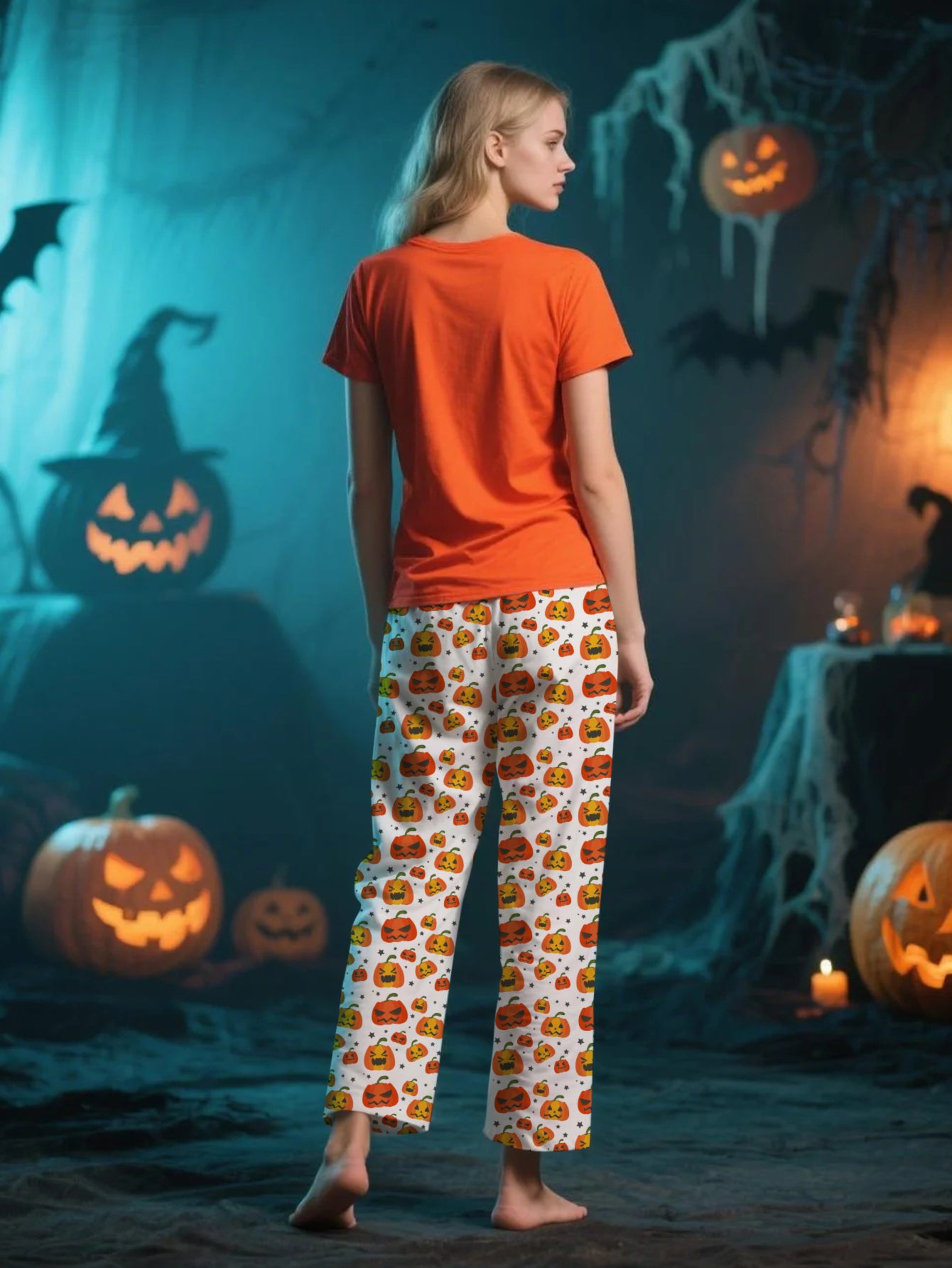 Halloween Pajama Set Orange Pumpkin and Print Stay Spooky for Women's Sleepwear