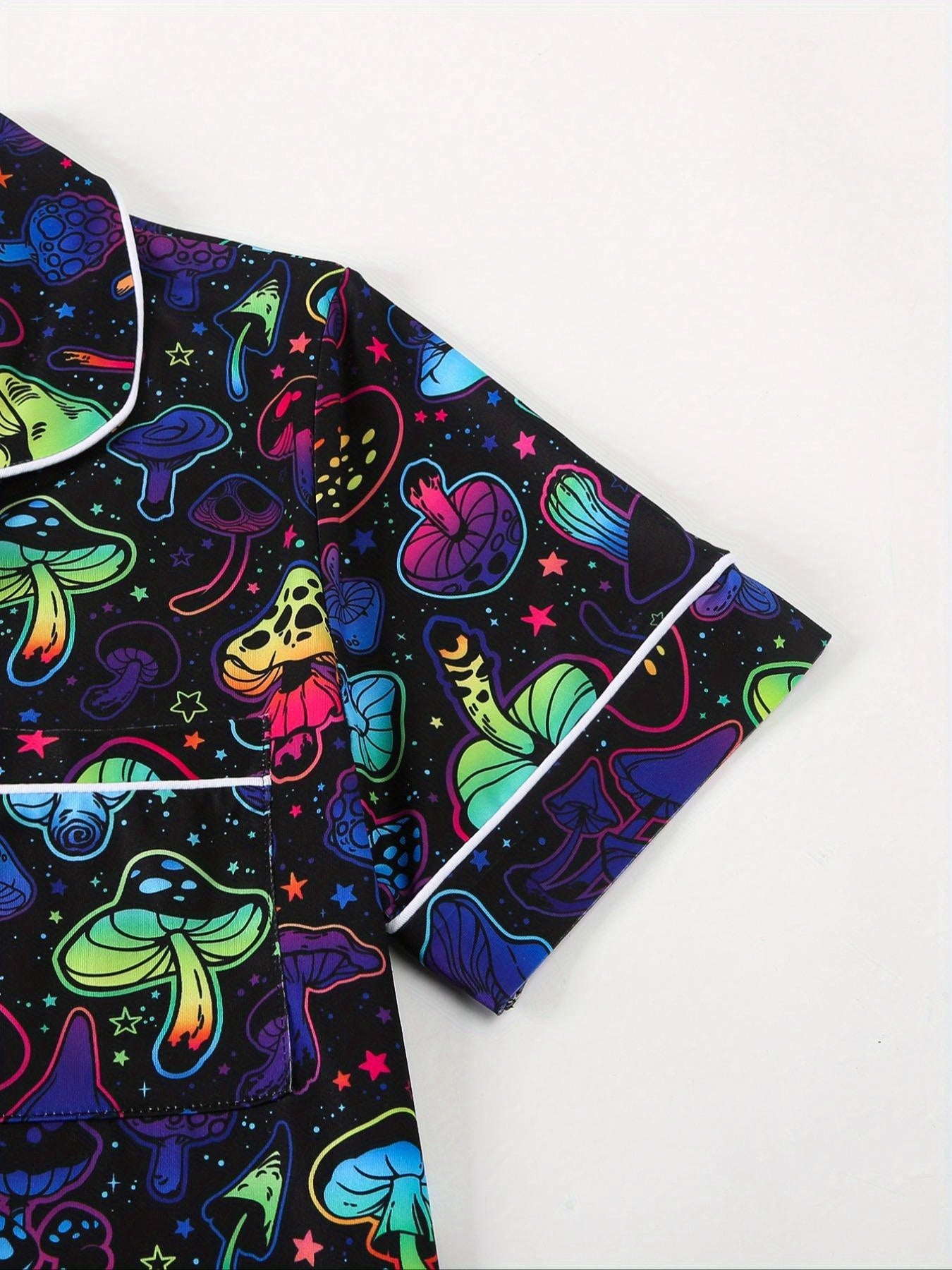 LISM Women'S Button Shirts, Women'S Neon Shirts, Hawaiian Shirts, Women'S Beach Shirts, Neon Home Wear, Casual Pajamas 2pcs Set, Short Sleeves+ Shorts, Colorful Mushroom Patterns, Halloween Pajama Party, Cute ' Pajamas Suitable for Daily Wea