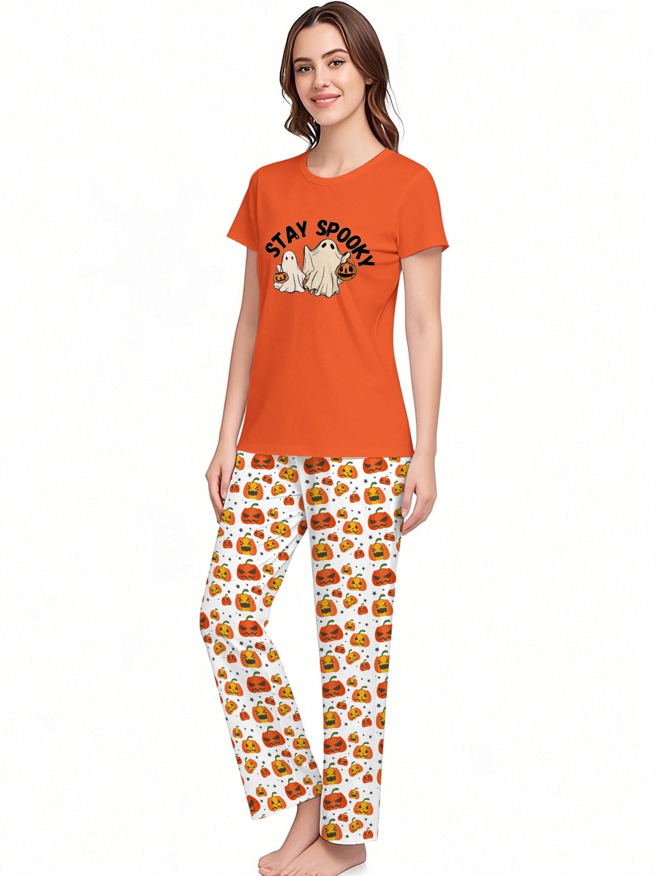 Halloween Pajama Set Orange Pumpkin and Print Stay Spooky for Women's Sleepwear