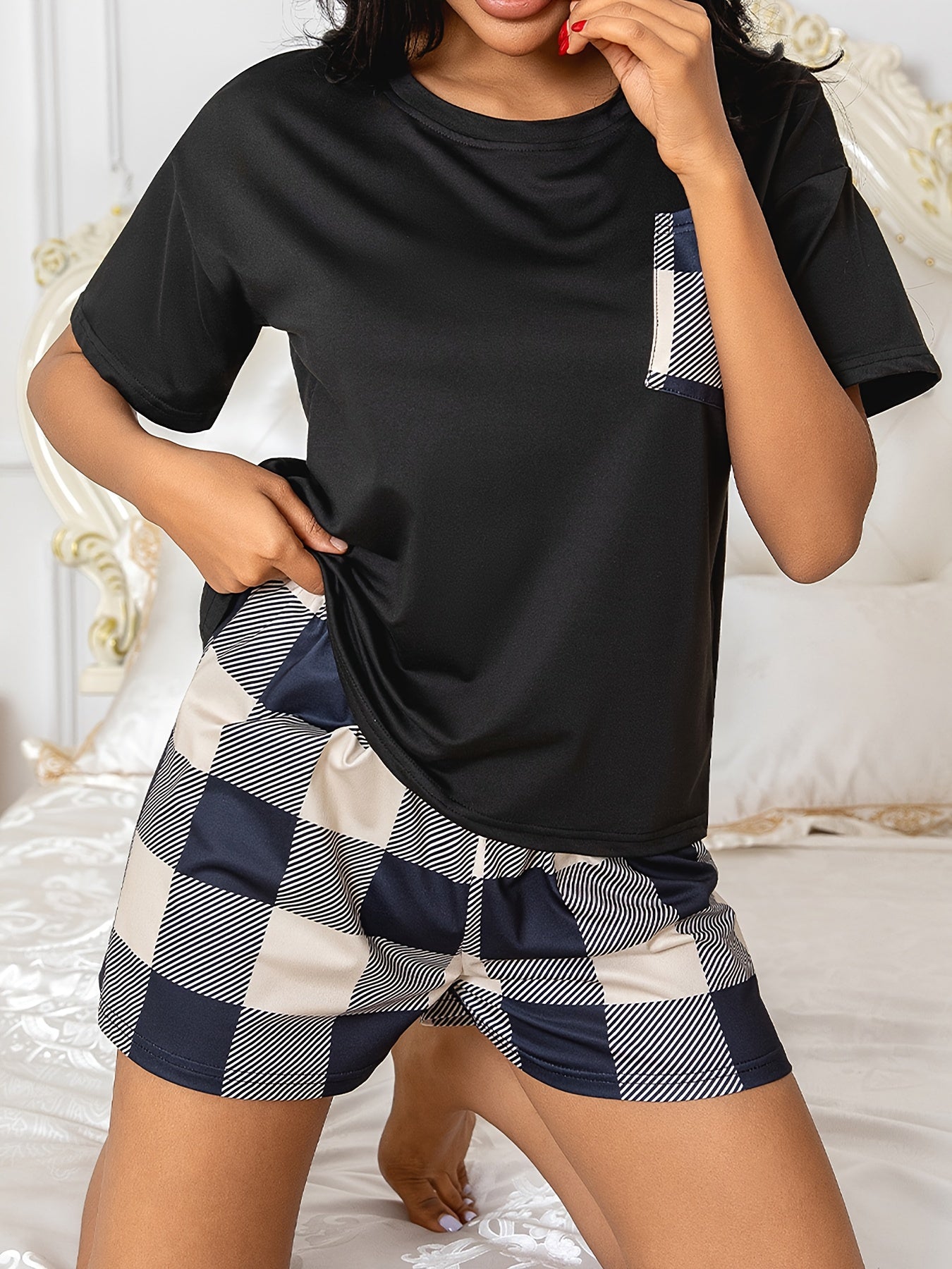 Colorblock Plaid Print Pajama Set, Casual Short Sleeve Round Neck Top & Bow Shorts, Women's Sleepwear&Loungewear