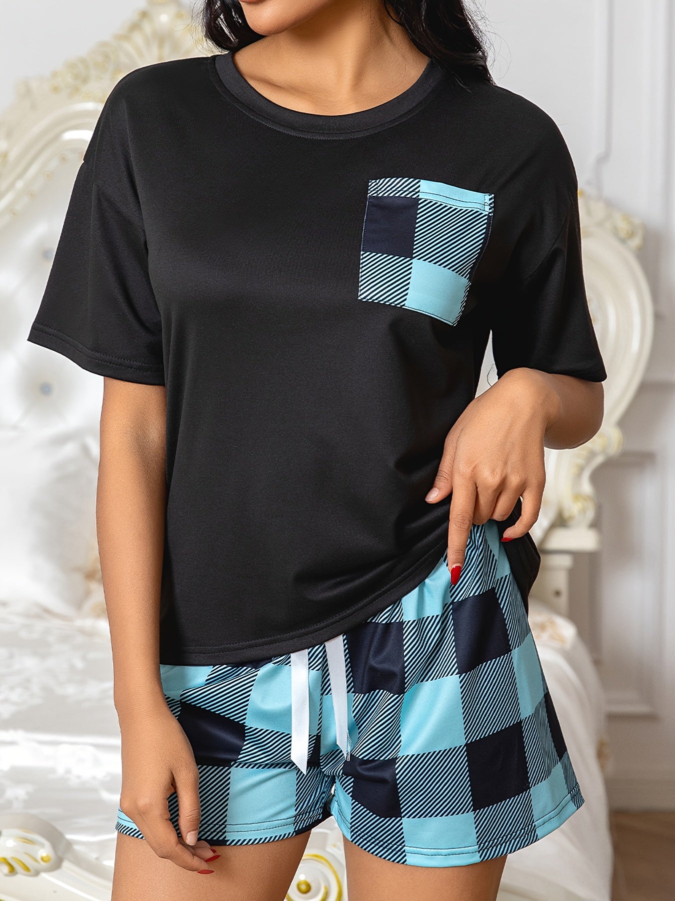Colorblock Plaid Print Pajama Set, Casual Short Sleeve Round Neck Top & Bow Shorts, Women's Sleepwear&Loungewear