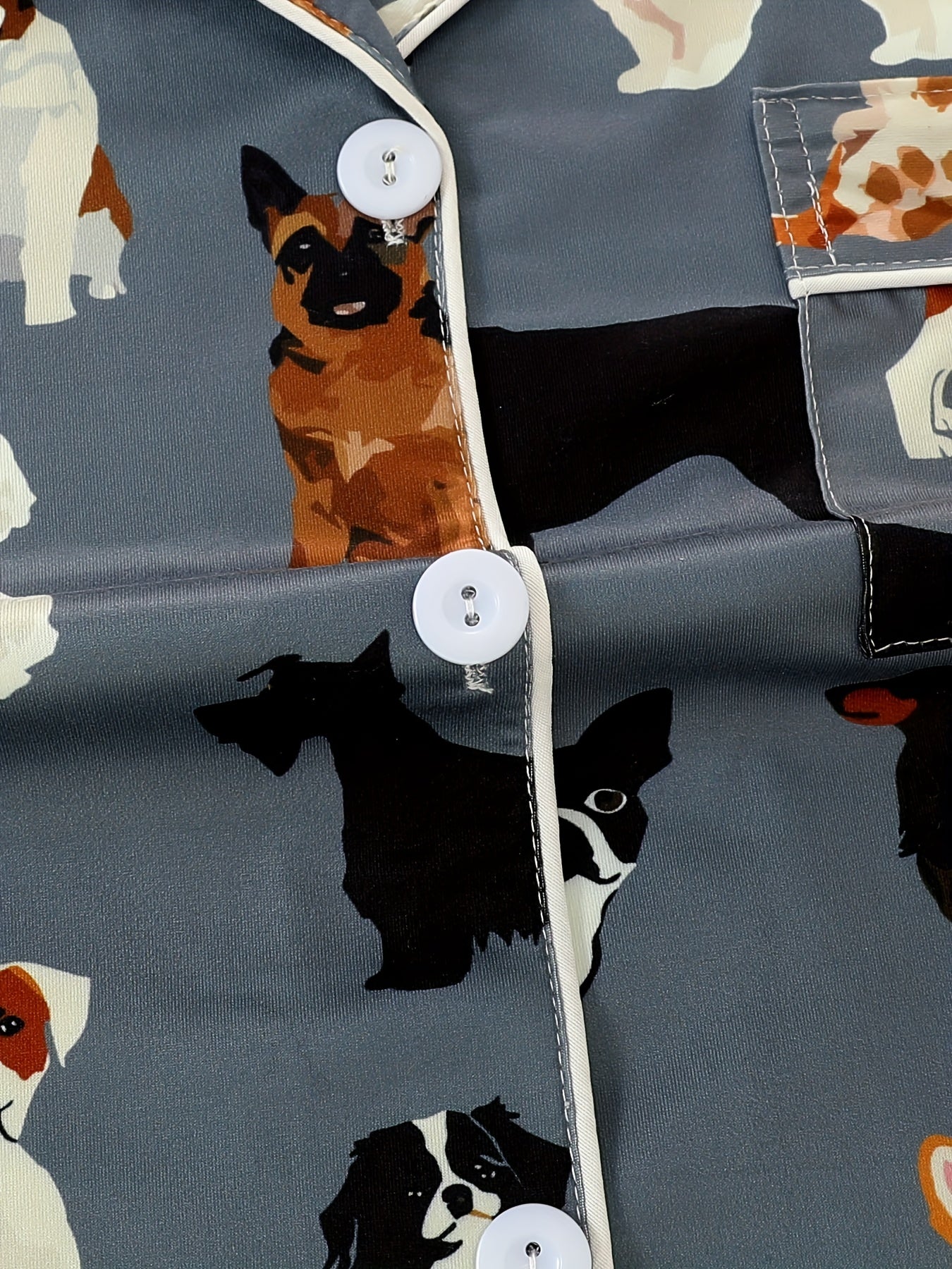 2pcs Women'S Pajama Set, Deep Grey Dog Print Short Sleeve Button- Shirt with Loose Elastic Shorts, Casual Comfortable Women'S Loungewear, Suitable for Summer, All-Year Wear
