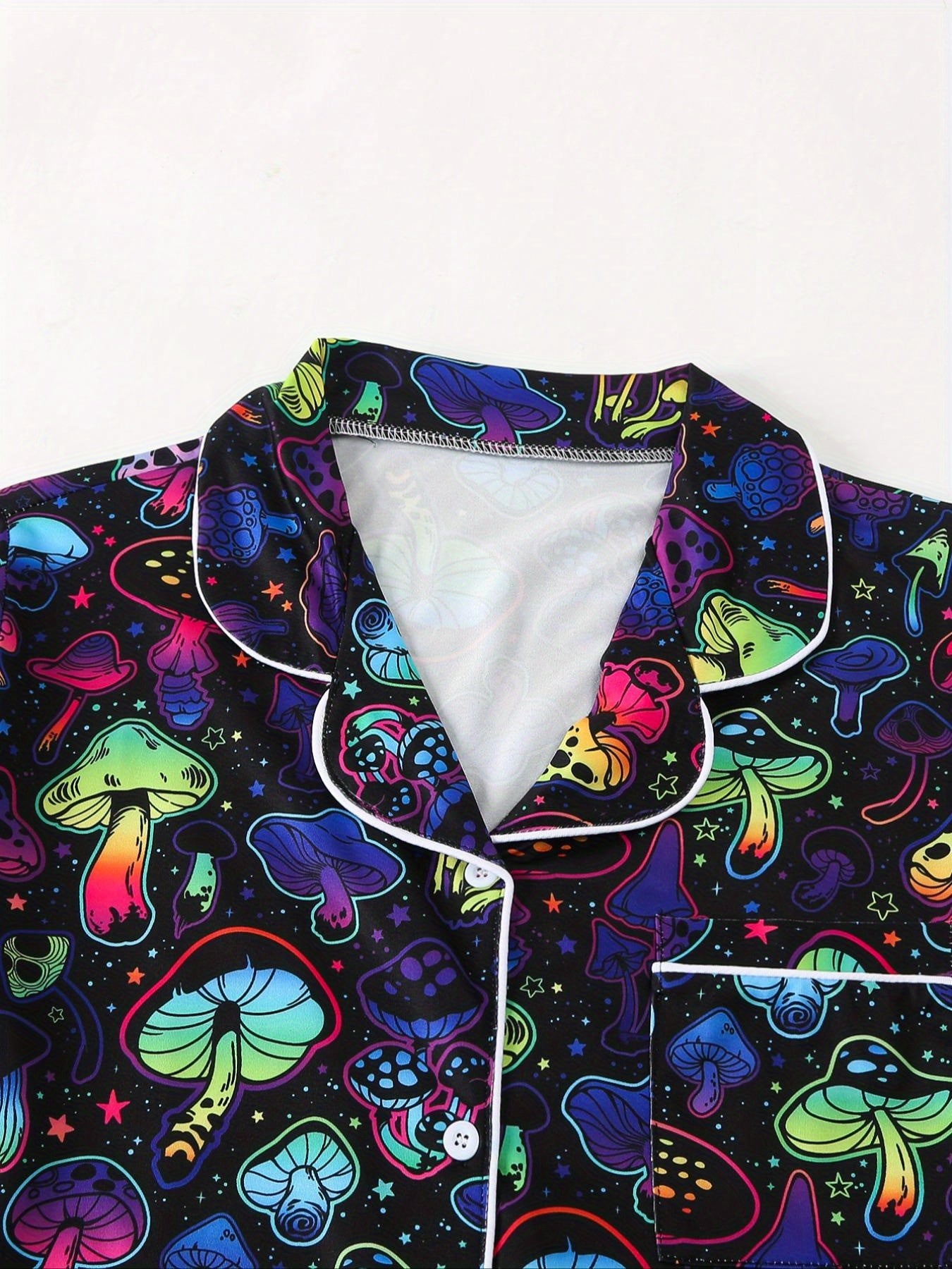 LISM Women'S Button Shirts, Women'S Neon Shirts, Hawaiian Shirts, Women'S Beach Shirts, Neon Home Wear, Casual Pajamas 2pcs Set, Short Sleeves+ Shorts, Colorful Mushroom Patterns, Halloween Pajama Party, Cute ' Pajamas Suitable for Daily Wea