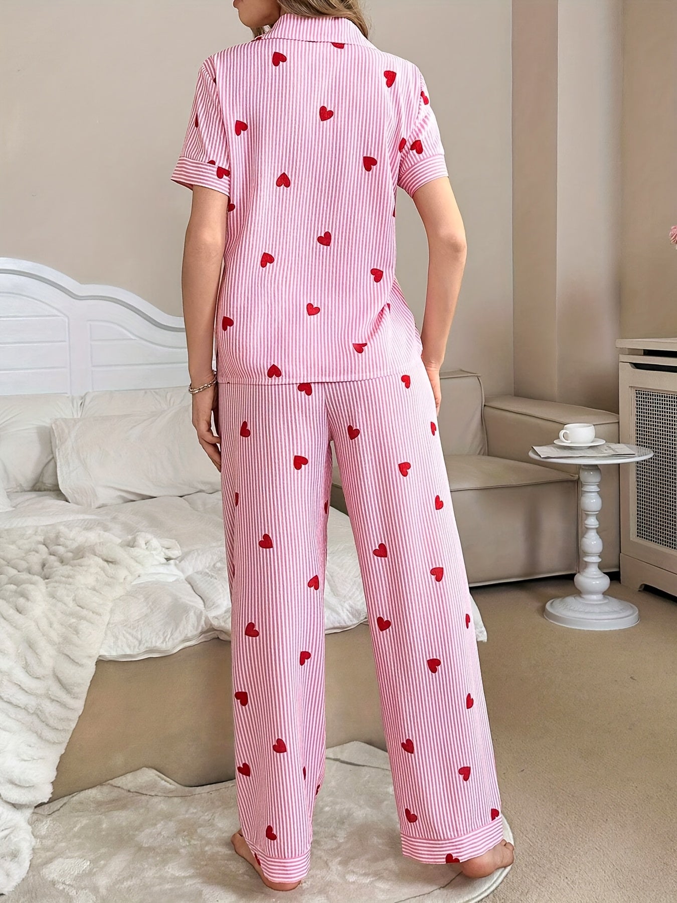 Heart-shaped Printed Pajama Set, Short-sleeved Button Shirt And Stretch Trousers, Polyester Pajama Set, Machine Washable