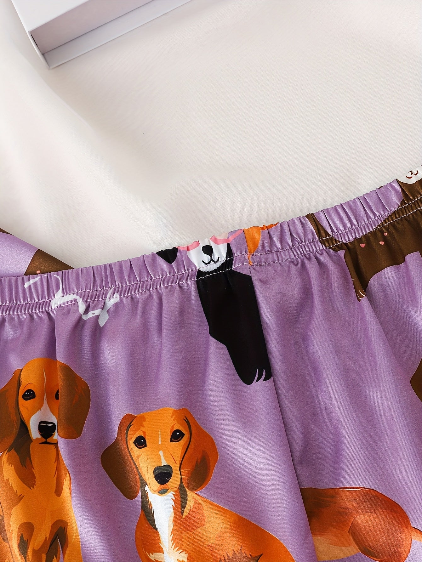 Ladies' Two-piece Satin Pajamas Set with Purple Puppy Pattern, Ladies' Two-piece Short-sleeved Stand-up Collar Top Matched with Shorts, Ladies' Pajamas for Home Wear, Two-piece Women's Set