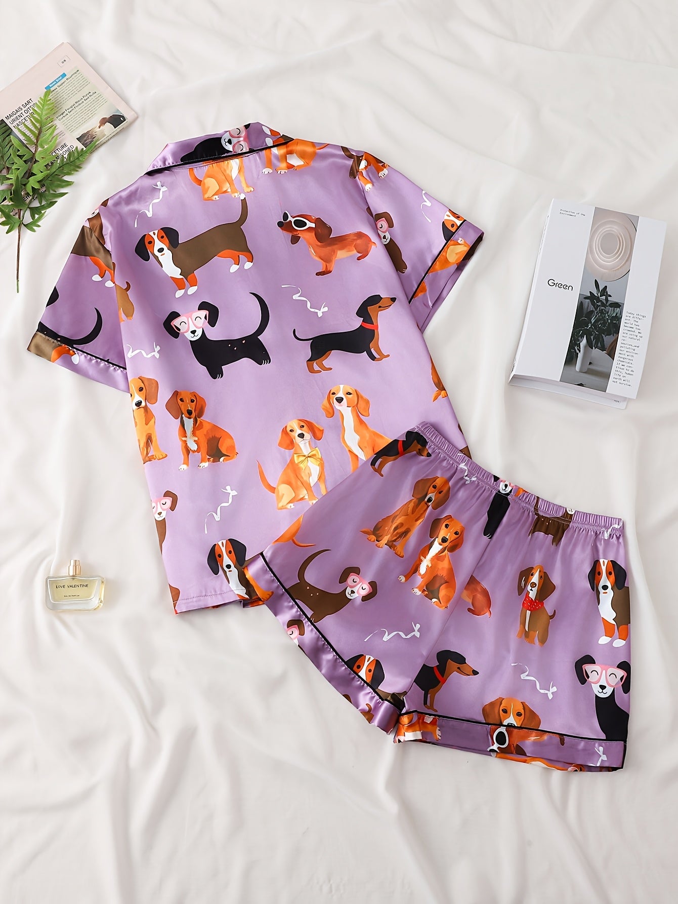 Ladies' Two-piece Satin Pajamas Set with Purple Puppy Pattern, Ladies' Two-piece Short-sleeved Stand-up Collar Top Matched with Shorts, Ladies' Pajamas for Home Wear, Two-piece Women's Set