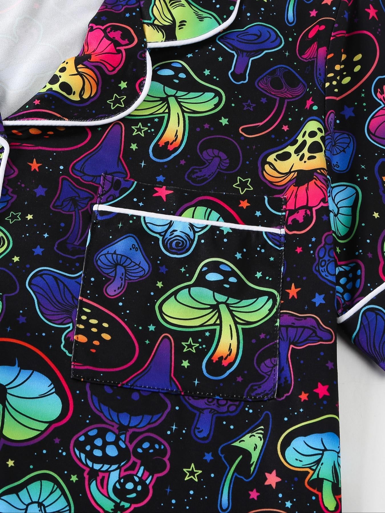 LISM Women'S Button Shirts, Women'S Neon Shirts, Hawaiian Shirts, Women'S Beach Shirts, Neon Home Wear, Casual Pajamas 2pcs Set, Short Sleeves+ Shorts, Colorful Mushroom Patterns, Halloween Pajama Party, Cute ' Pajamas Suitable for Daily Wea