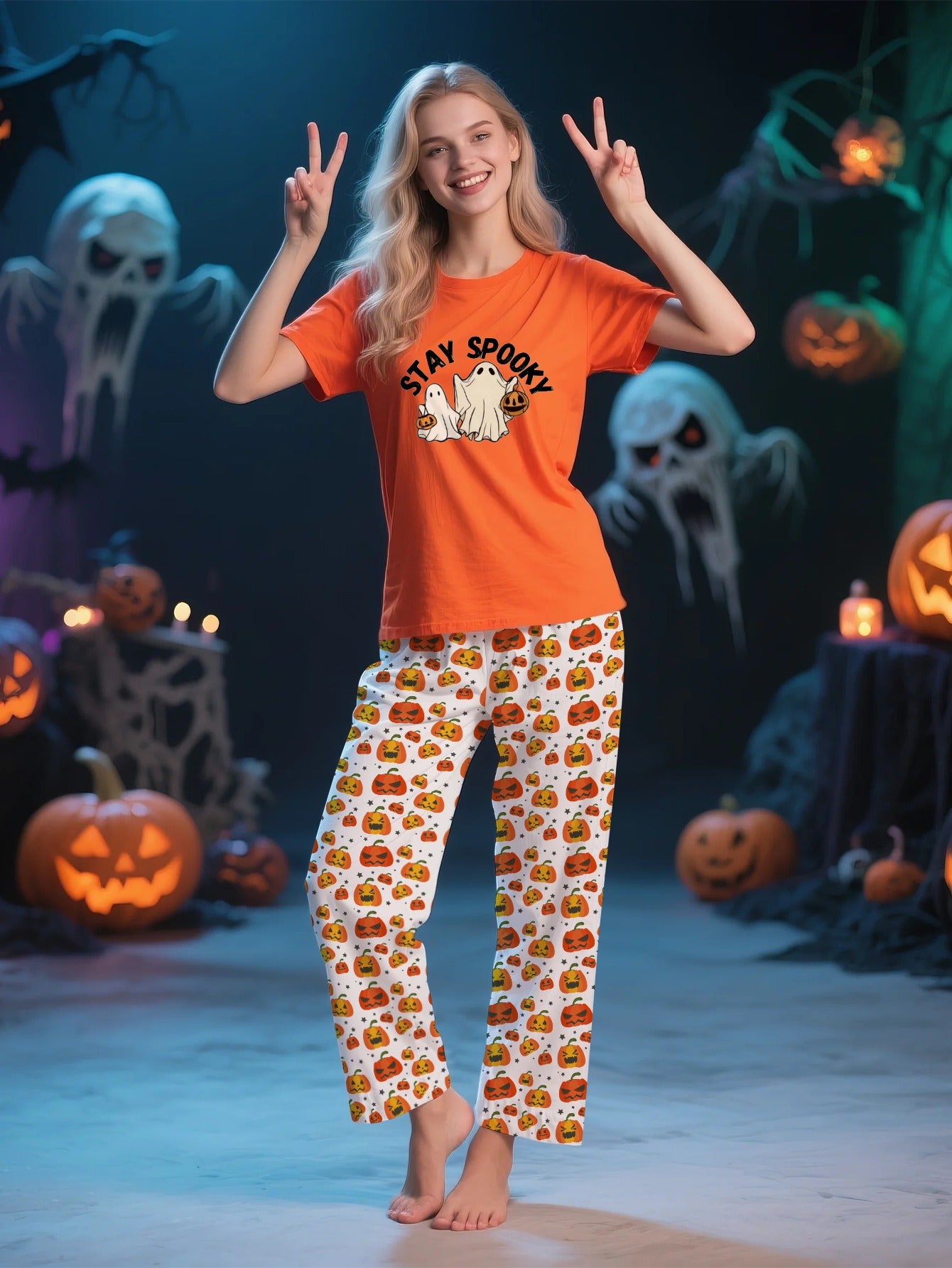 Halloween Pajama Set Orange Pumpkin and Print Stay Spooky for Women's Sleepwear