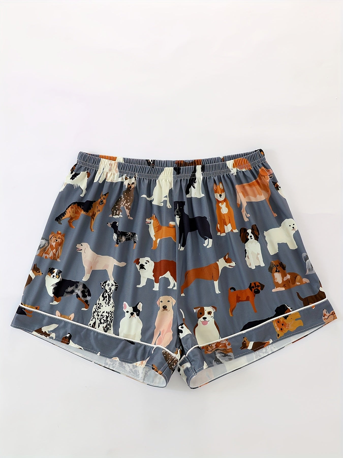 2pcs Women'S Pajama Set, Deep Grey Dog Print Short Sleeve Button- Shirt with Loose Elastic Shorts, Casual Comfortable Women'S Loungewear, Suitable for Summer, All-Year Wear