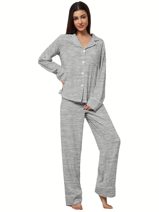 3 Sets Of 6pcs, Women's Casual Polyester Solid Color Long Sleeved Top, Long Pants Sleepwear Set, Fabric, Long Sleeved Lapel Top Paired with Loose Pants, Comfortable Home Casual Home Wear Can Be Worn Outside