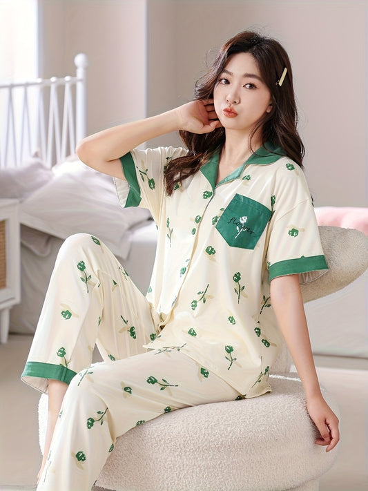 Women'S 2pcs Summer Pajama Set - Short-Sleeved Top & Pants, Collared, Casual Style, Soft & Comfortable Loungewear