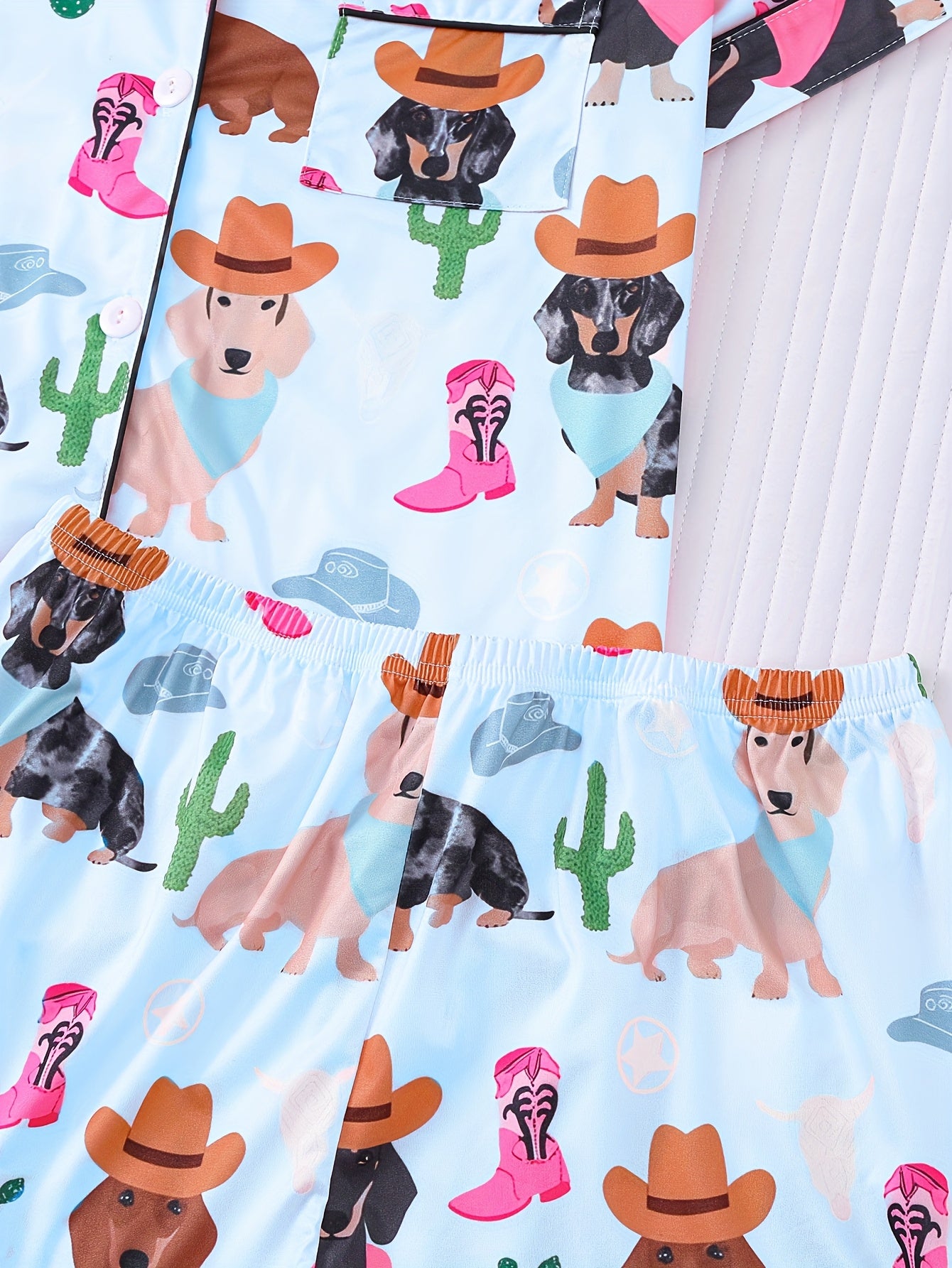 Two-piece Cartoon Anime Pug Print Pajama Set Can Be Worn Outside, Short-sleeved Cardigan Lapel Top And Loose Elastic Shorts, Casual Four-season Women'S Pajamas And Home Clothes Set