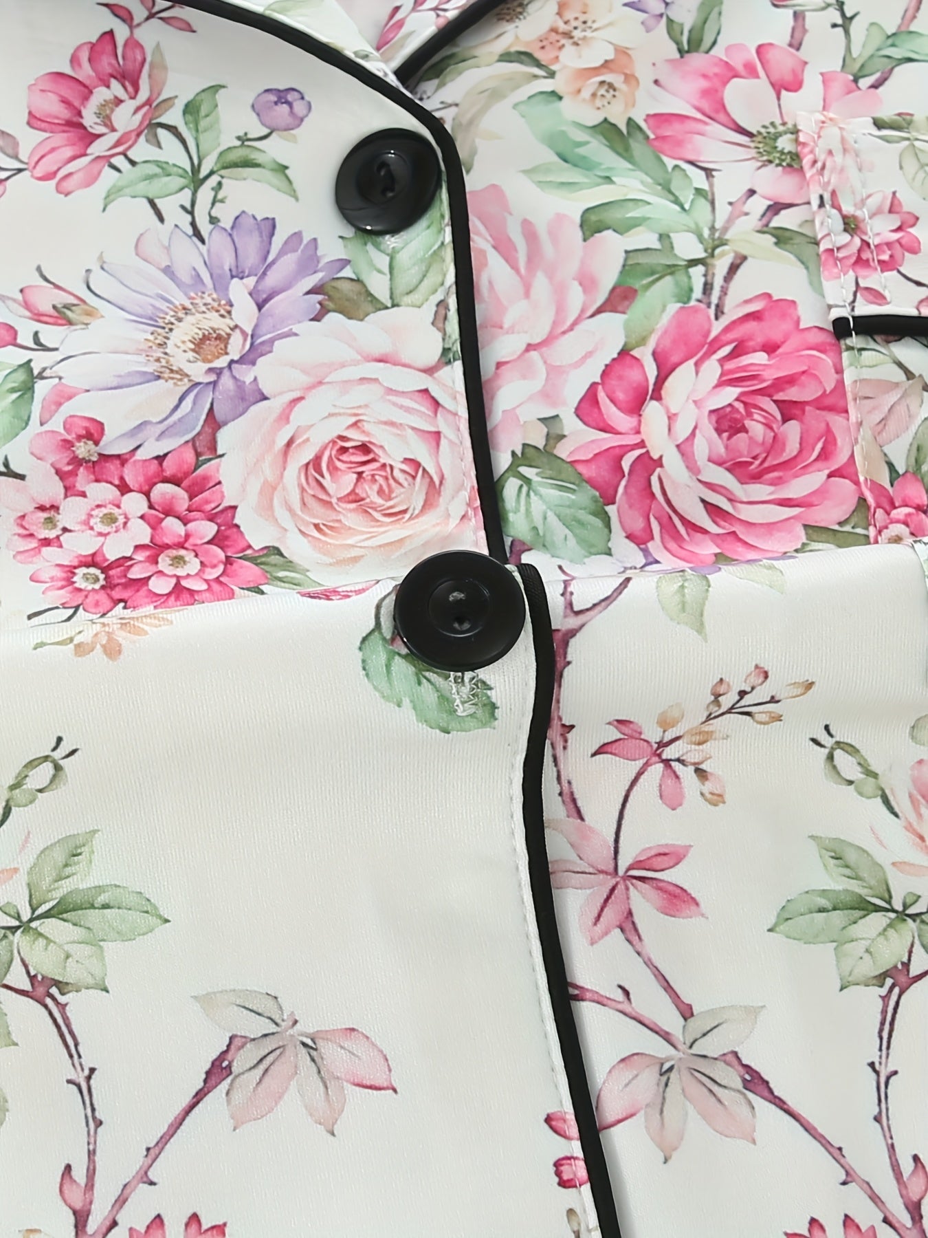[Floral Pajama Set] Floral Pajama Set | Short-Sleeve Button-Up Top, Elastic Waist Shorts & Long Pants - Year-Round Casual Women's Sleepwear