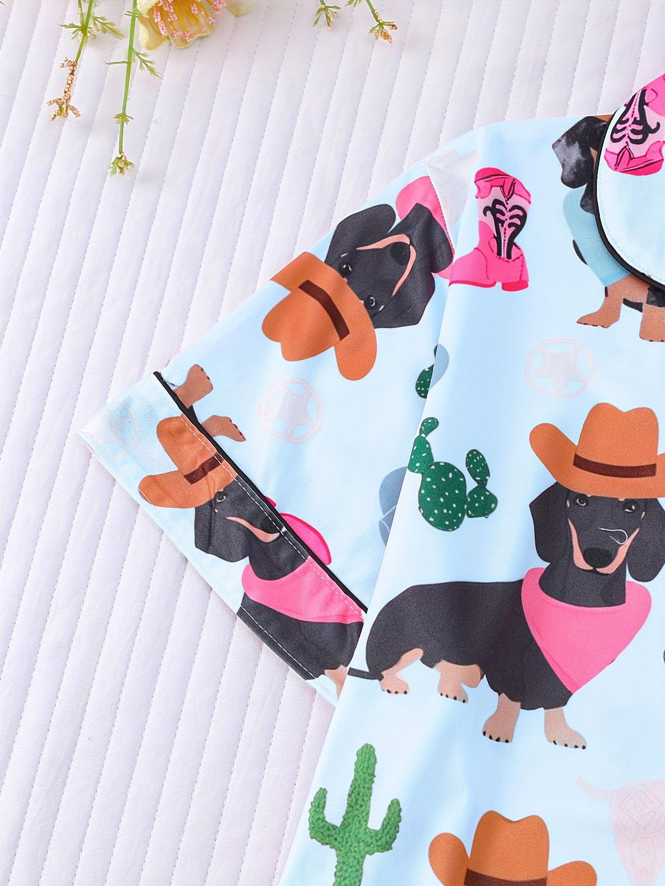 Two-piece Cartoon Anime Pug Print Pajama Set Can Be Worn Outside, Short-sleeved Cardigan Lapel Top And Loose Elastic Shorts, Casual Four-season Women'S Pajamas And Home Clothes Set