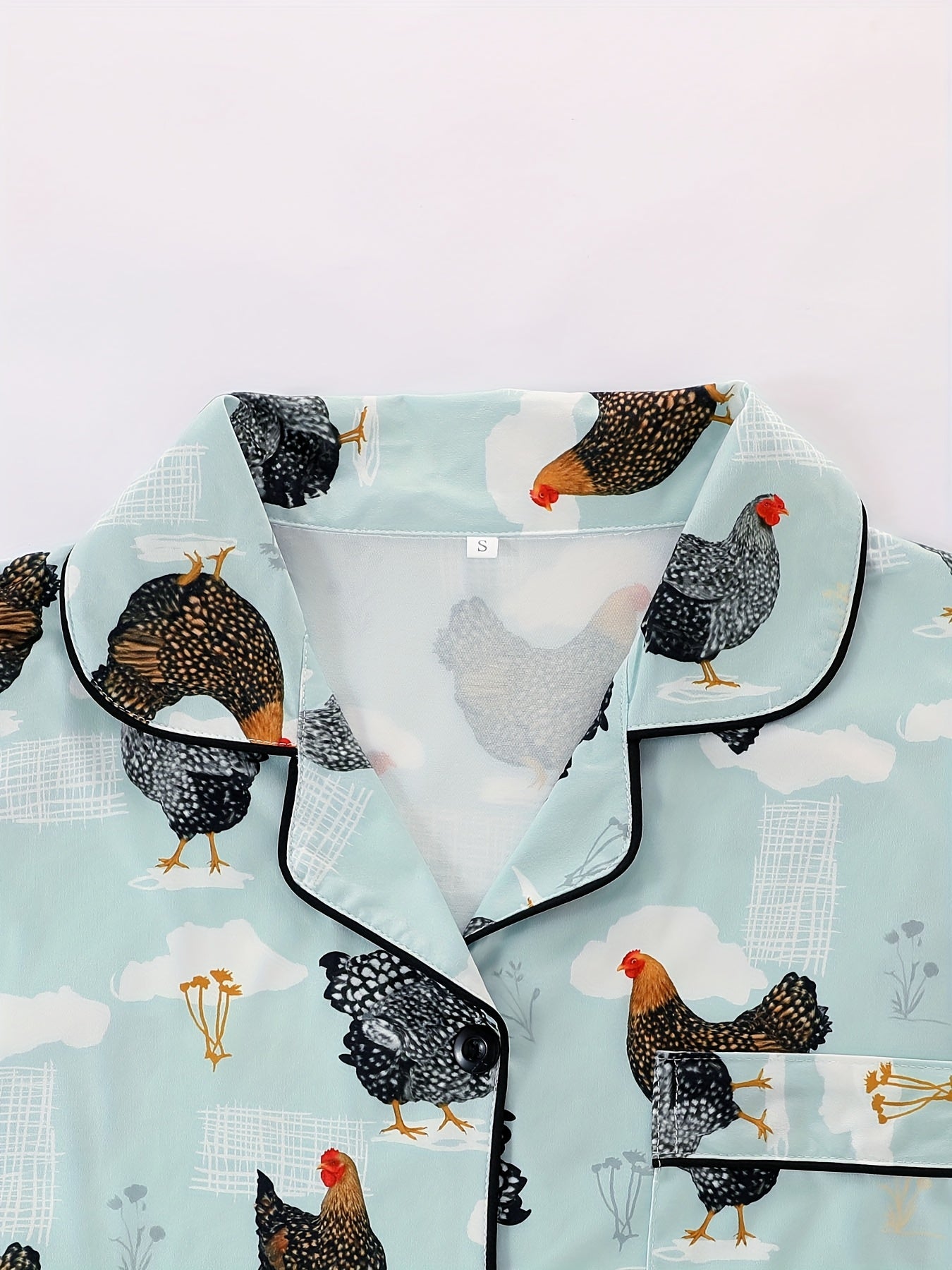 [Chicken Print Pajama Set] 2pcs Women's Chicken Print Pajama Set | Short Sleeve Shirt with Turn Buttons & Elastic Shorts, Casual Outdoor Home Comfortable Loungewear, All Season Summer Girlfriend