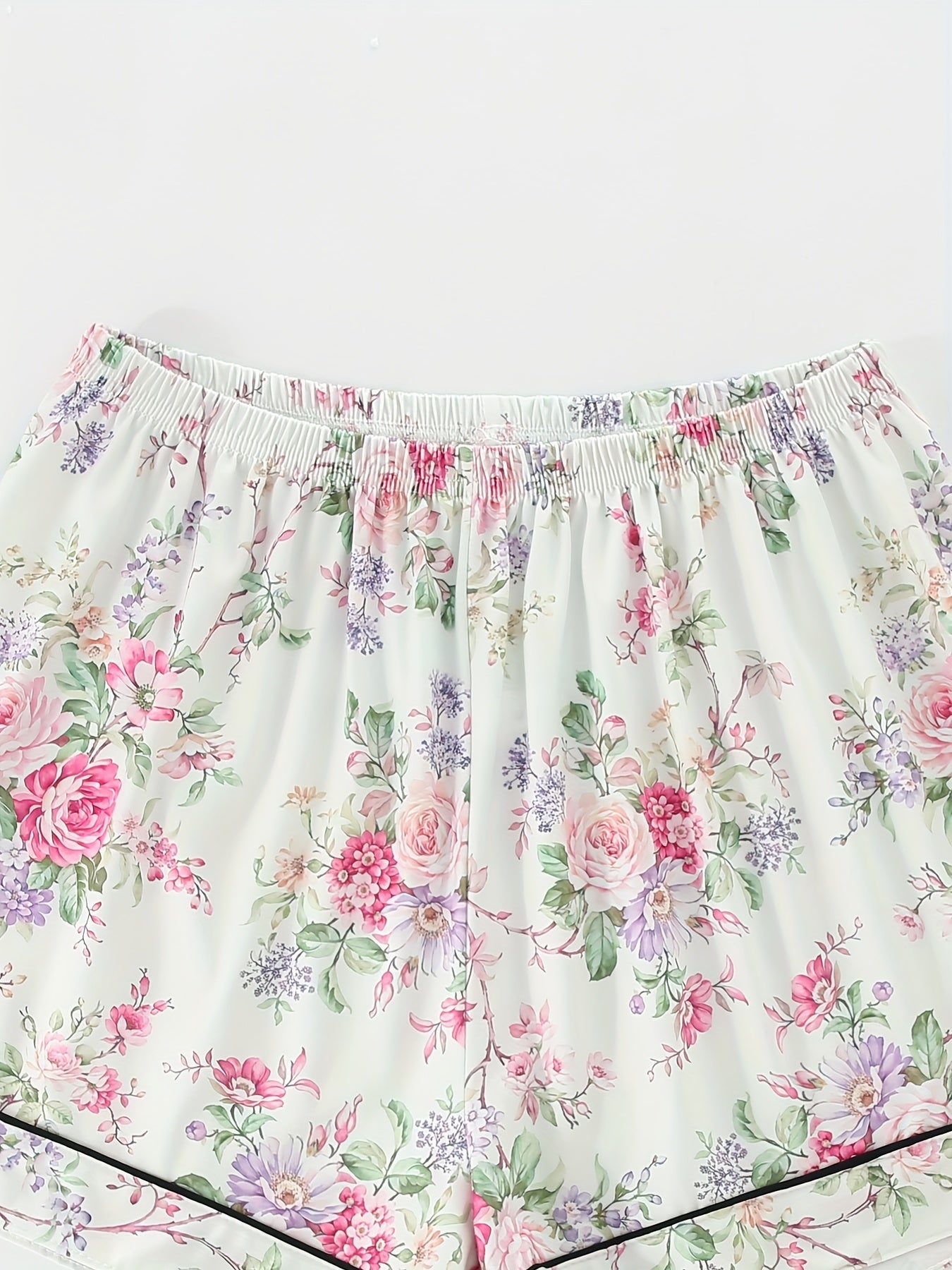 [Floral Pajama Set] Floral Pajama Set | Short-Sleeve Button-Up Top, Elastic Waist Shorts & Long Pants - Year-Round Casual Women's Sleepwear