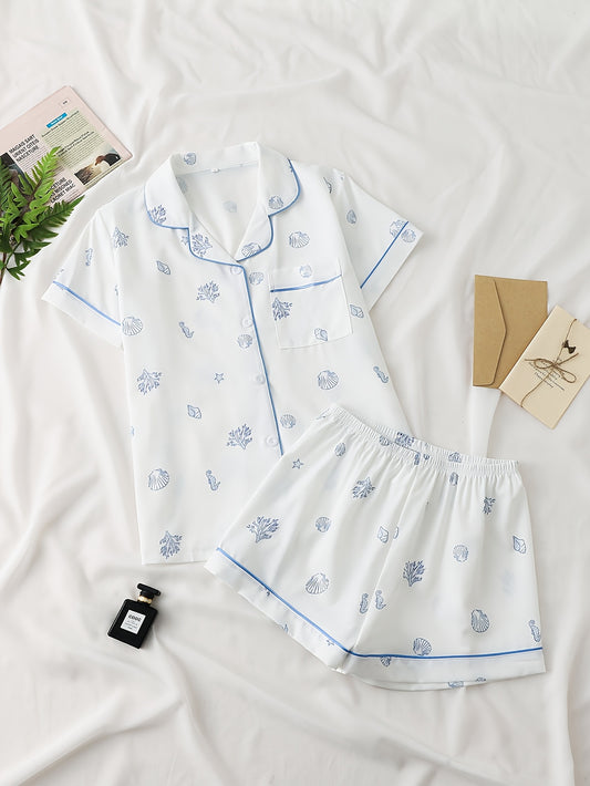 Ladies' Two-piece Satin White Marine Life Pattern Pajamas Set, Ladies' Two-piece Short-sleeved Stand Collar Top Matched with Shorts, Ladies' Pajamas for Home Wear, Two-piece Women's Set