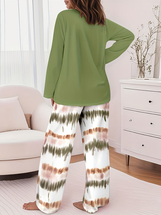 2025 Autumn And Winter Positioning Hot-print Contrast Color Long-sleeved Casual Top + Positioning Tie-dye Print Elastic Waist Strong Tolerance Home Casual Trousers (Fabric Feels Comfortable And Light Beige-friendly)