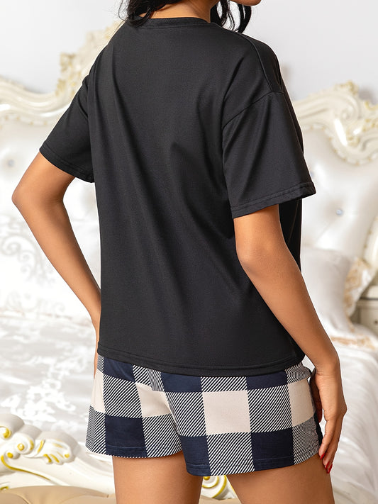 Colorblock Plaid Print Pajama Set, Casual Short Sleeve Round Neck Top & Bow Shorts, Women's Sleepwear&Loungewear
