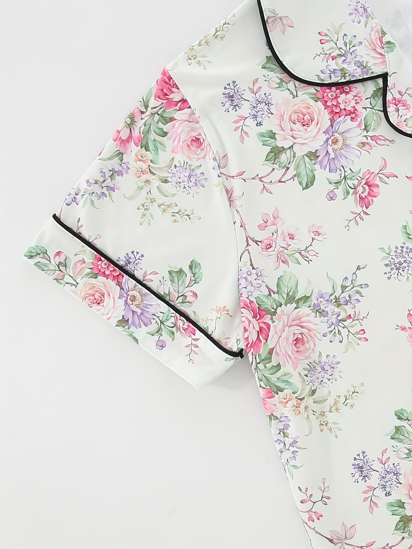 [Floral Pajama Set] Floral Pajama Set | Short-Sleeve Button-Up Top, Elastic Waist Shorts & Long Pants - Year-Round Casual Women's Sleepwear