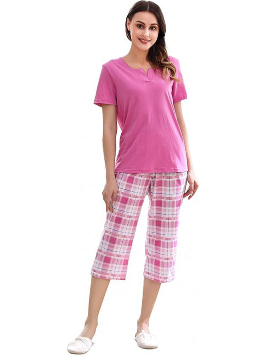 Women'S Cotton Knit Pajama Set, Casual Crew Neck Solid Top and Plaid Pants, Comfortable All-Season Sleepwear