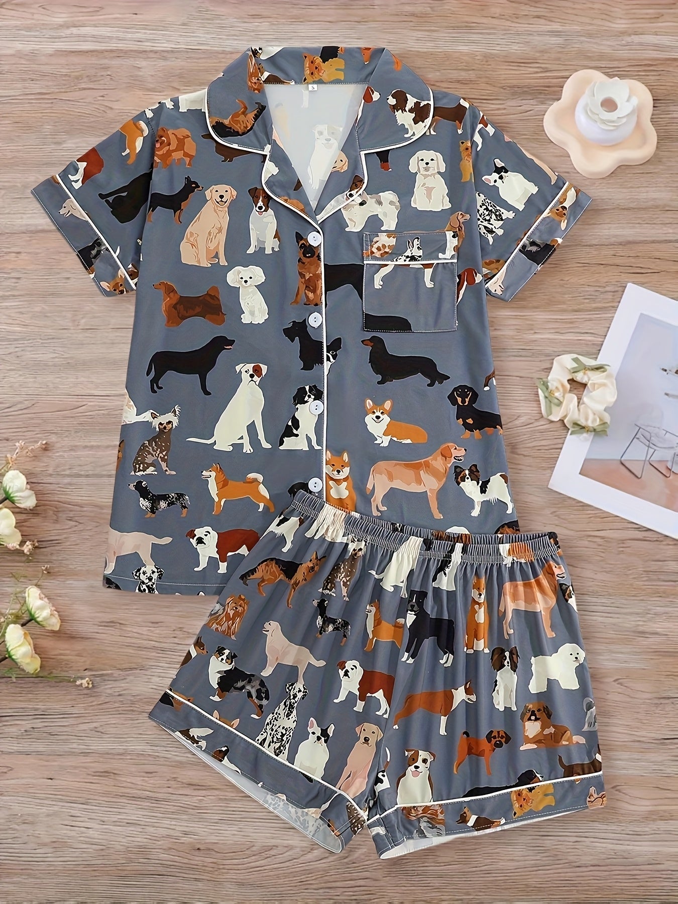 2pcs Women'S Pajama Set, Deep Grey Dog Print Short Sleeve Button- Shirt with Loose Elastic Shorts, Casual Comfortable Women'S Loungewear, Suitable for Summer, All-Year Wear