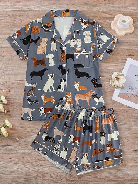 2pcs Women'S Pajama Set, Deep Grey Dog Print Short Sleeve Button- Shirt with Loose Elastic Shorts, Casual Comfortable Women'S Loungewear, Suitable for Summer, All-Year Wear