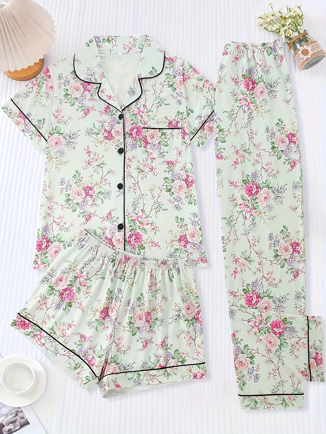 [Floral Pajama Set] Floral Pajama Set | Short-Sleeve Button-Up Top, Elastic Waist Shorts & Long Pants - Year-Round Casual Women's Sleepwear