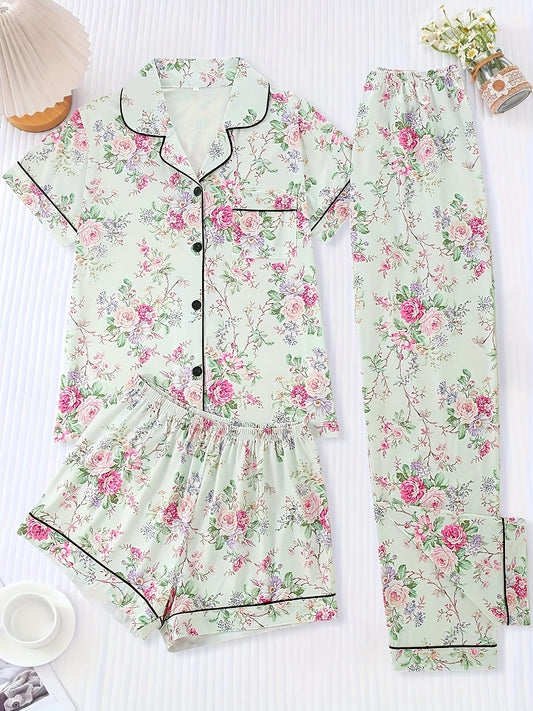 [Floral Pajama Set] Floral Pajama Set | Short-Sleeve Button-Up Top, Elastic Waist Shorts & Long Pants - Year-Round Casual Women's Sleepwear