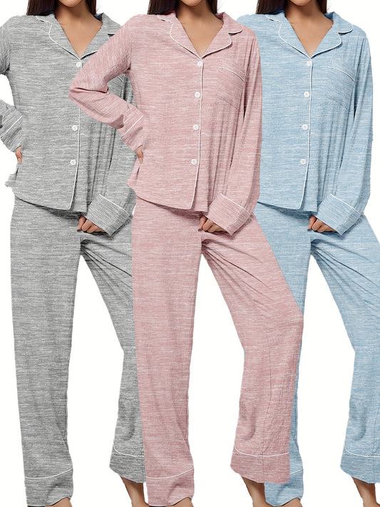 3 Sets Of 6pcs, Women's Casual Polyester Solid Color Long Sleeved Top, Long Pants Sleepwear Set, Fabric, Long Sleeved Lapel Top Paired with Loose Pants, Comfortable Home Casual Home Wear Can Be Worn Outside