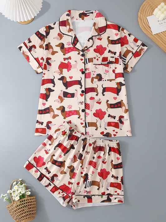 Summer Cool Short Sleeve 2pcs Set, Women'S Pajamas with Turn- Collar and Buttoned Shorts, Comfortable Loose Fit Cartoon Dachshund Pattern for All Seasons, Home Wear