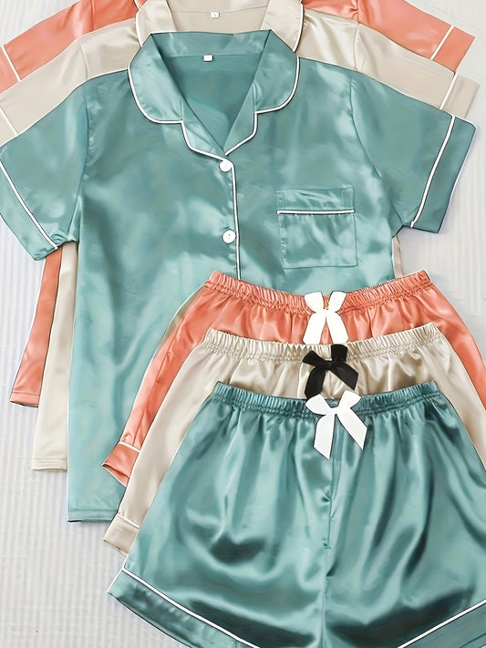 Ladies' Satin Silky Plain Elegant Home Pajama Set