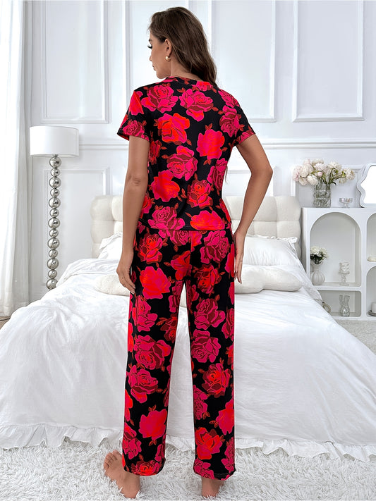 2pcs Women's casual flower printing short-sleeved trousers pajama set - soft and breathable fabric, loose and comfortable loungewear, machine washable, suitable for spring, summer and autumn, can be worn outside