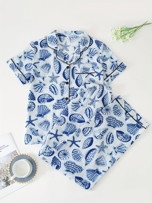 [Casual Pajama Set] 2pcs Women's Casual Pajama Set | Ocean Shell Print, Lapel Collar, Button Short Sleeve Top & Comfortable Long Pants - Summer Style, Adult Size, Loungewear, Playful Print, Button Detail