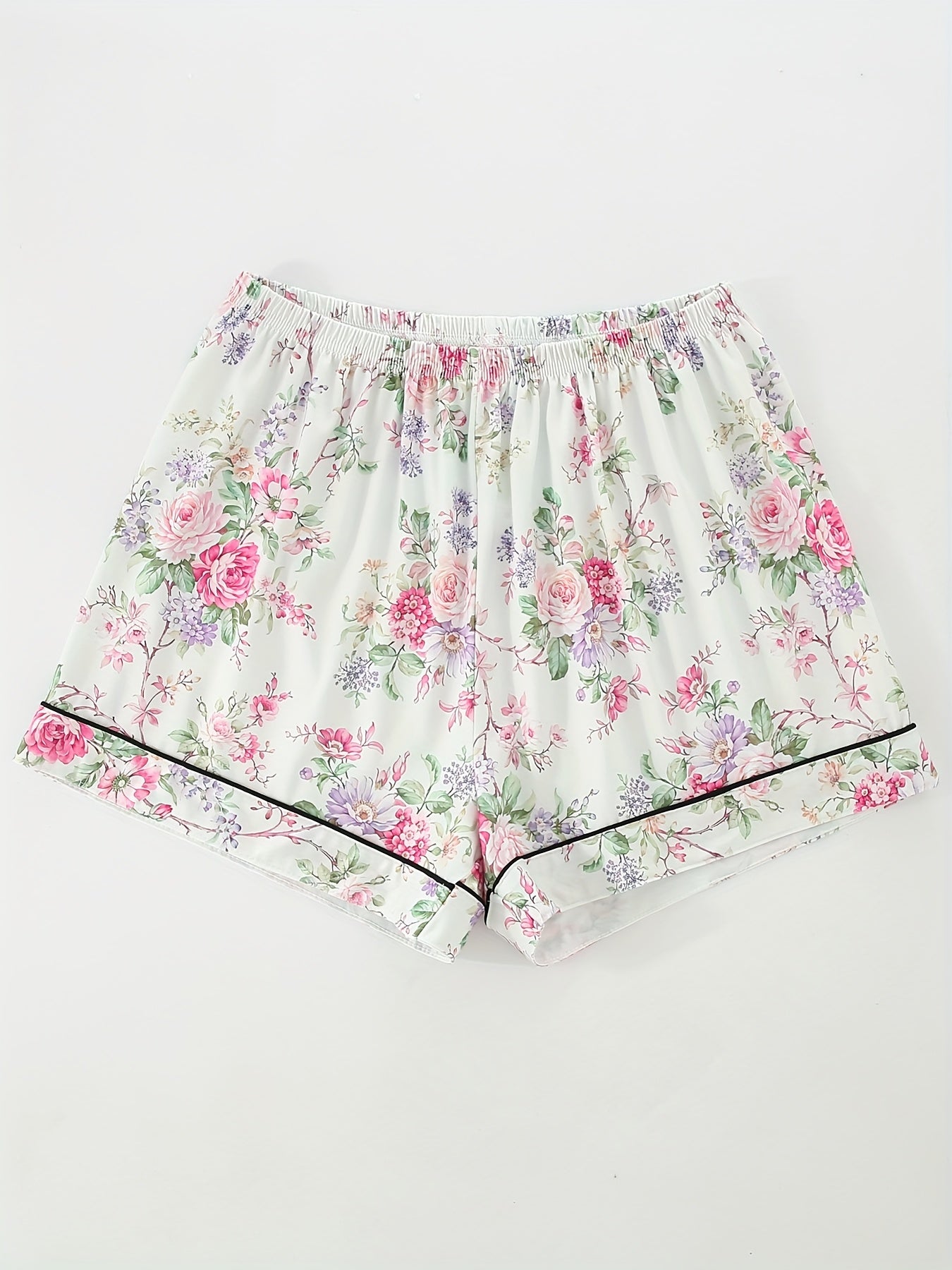 [Floral Pajama Set] Floral Pajama Set | Short-Sleeve Button-Up Top, Elastic Waist Shorts & Long Pants - Year-Round Casual Women's Sleepwear