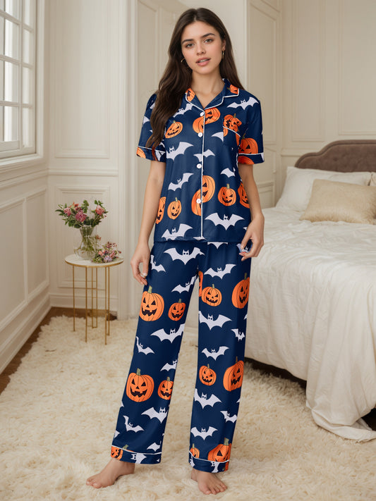 Women'S Halloween Print Set - Cute V-Neck Short Sleeve Shirt & Long Pants, All-Season Loungewear with Pumpkin & Bat Design, Perfect for Halloween Celebrations, Halloween Loungewear | Playful Print Top | Comfortable Fit, Halloween Costumes