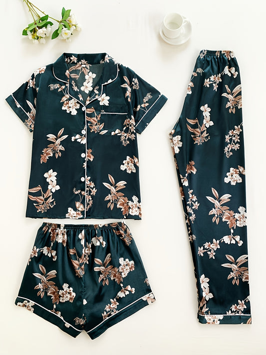 Ladies' Three-piece Satin Elegant Floral Pattern Pajamas Set, Ladies' Three-piece Short-sleeved Stand-collar Top Matched with Shorts And Pants, Ladies' Pajamas for Home Wear, Three-piece Women's Suit