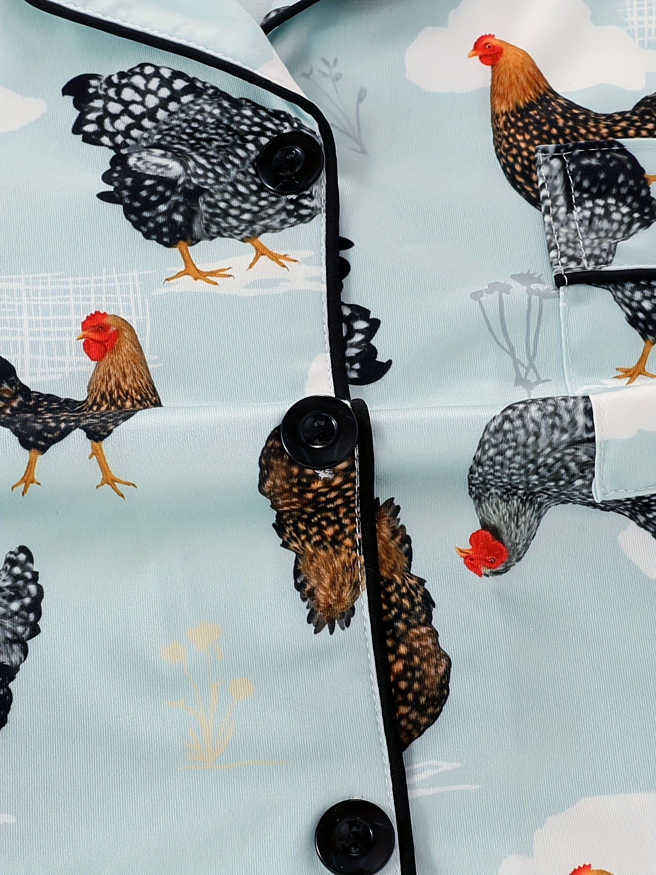 [Chicken Print Pajama Set] 2pcs Women's Chicken Print Pajama Set | Short Sleeve Shirt with Turn Buttons & Elastic Shorts, Casual Outdoor Home Comfortable Loungewear, All Season Summer Girlfriend