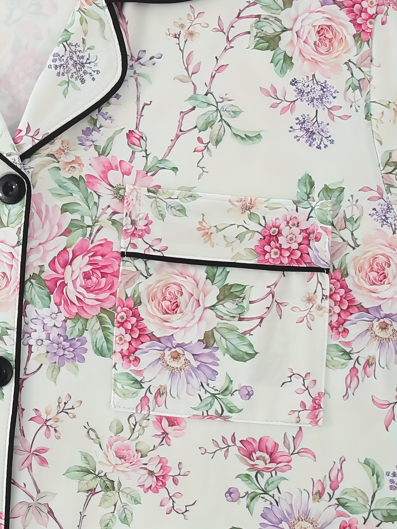 [Floral Pajama Set] Floral Pajama Set | Short-Sleeve Button-Up Top, Elastic Waist Shorts & Long Pants - Year-Round Casual Women's Sleepwear