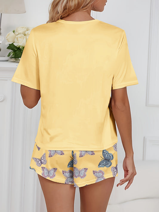 2pcs Women's Pajama Set with Butterfly Pattern Top and Shorts