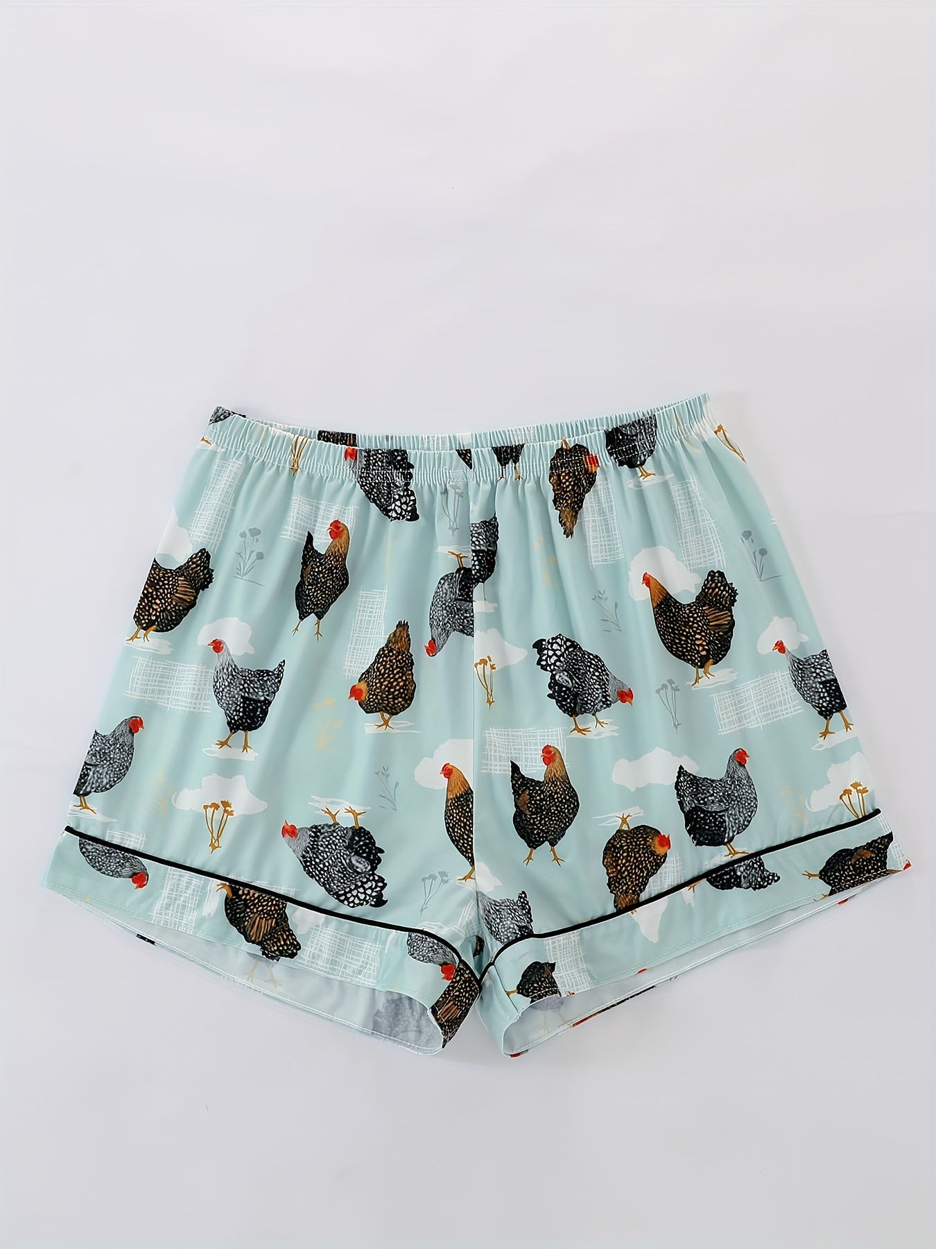 [Chicken Print Pajama Set] 2pcs Women's Chicken Print Pajama Set | Short Sleeve Shirt with Turn Buttons & Elastic Shorts, Casual Outdoor Home Comfortable Loungewear, All Season Summer Girlfriend